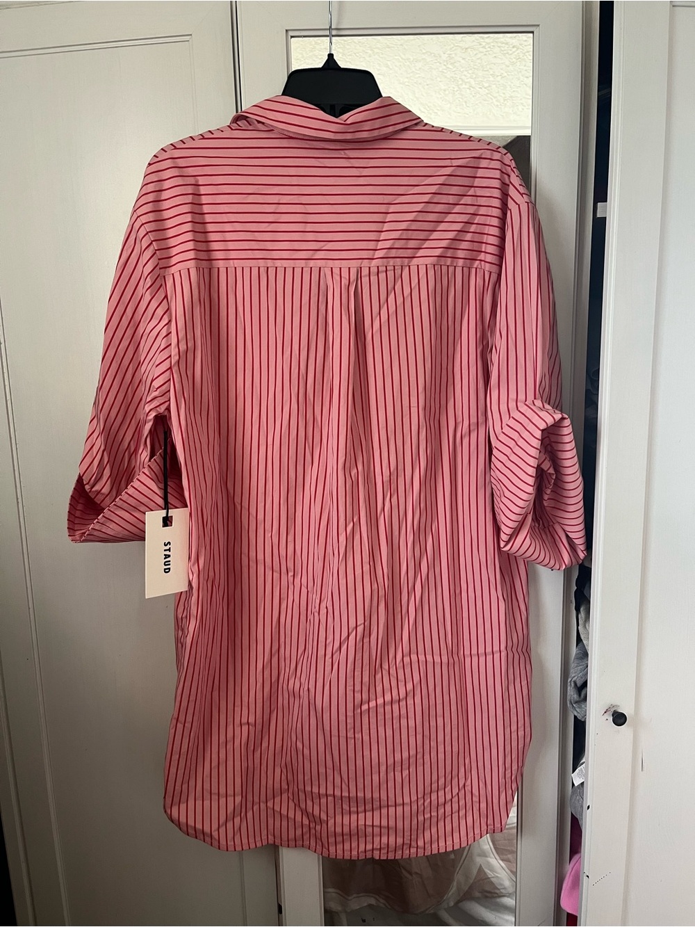 STAUD Pink and Red Striped Relaxed Shirt Dress - Picture 3 of 6